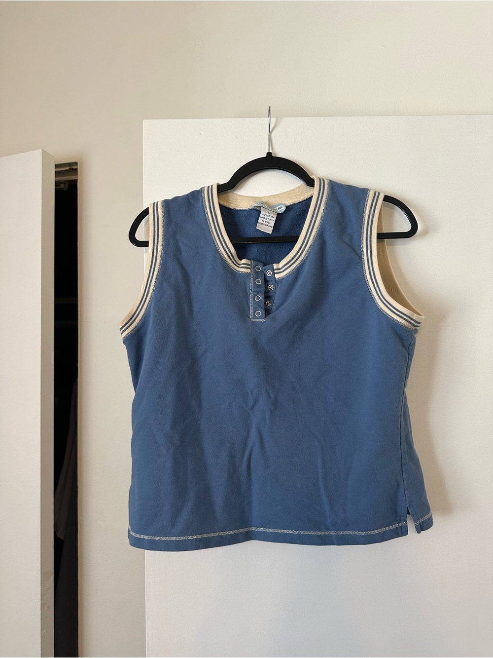 Blue Sleeveless Henley Tank Top with Cream Trim
